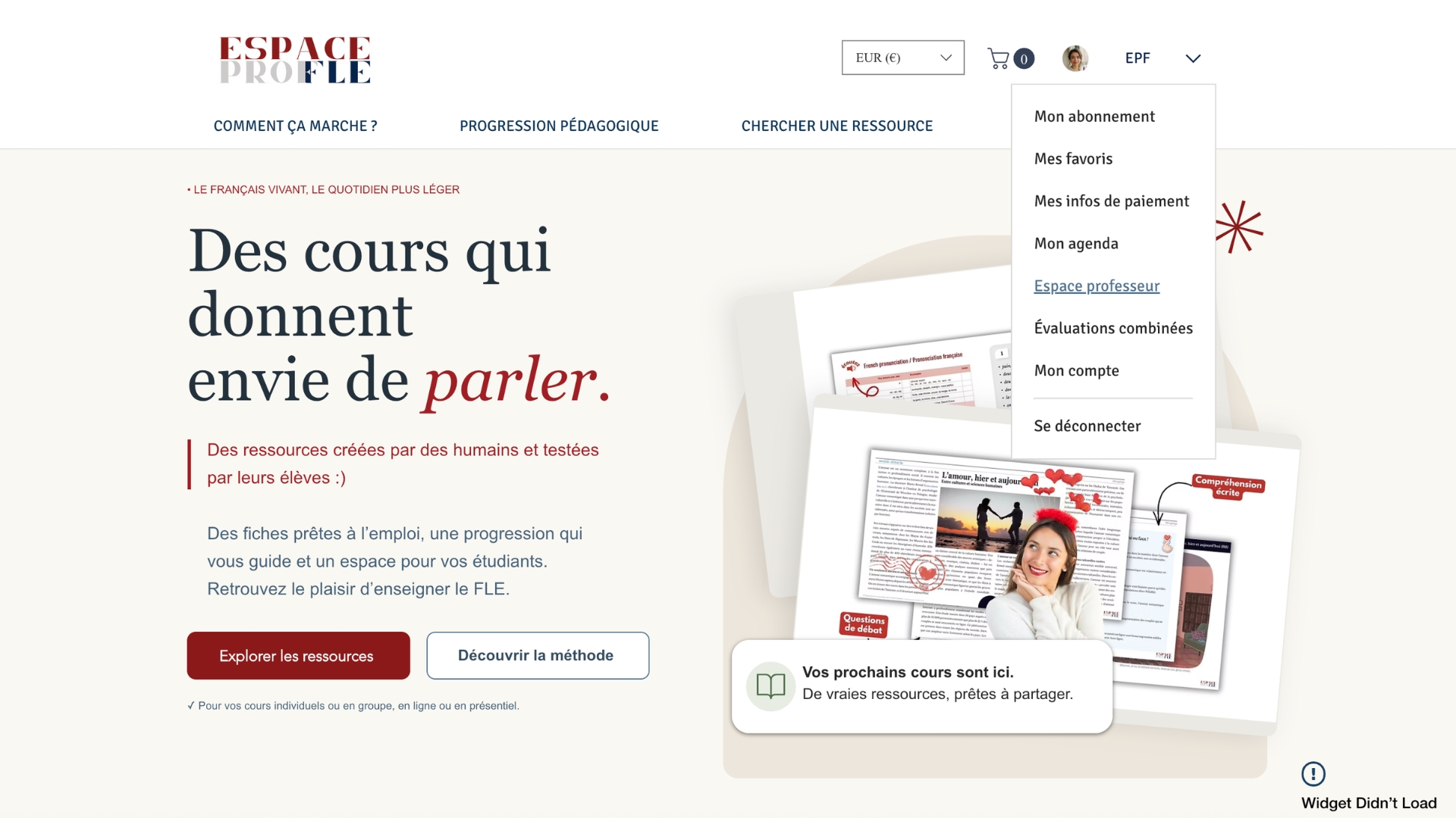 Menu du compte sur EspaceProfFLE avec le lien Espace professeur