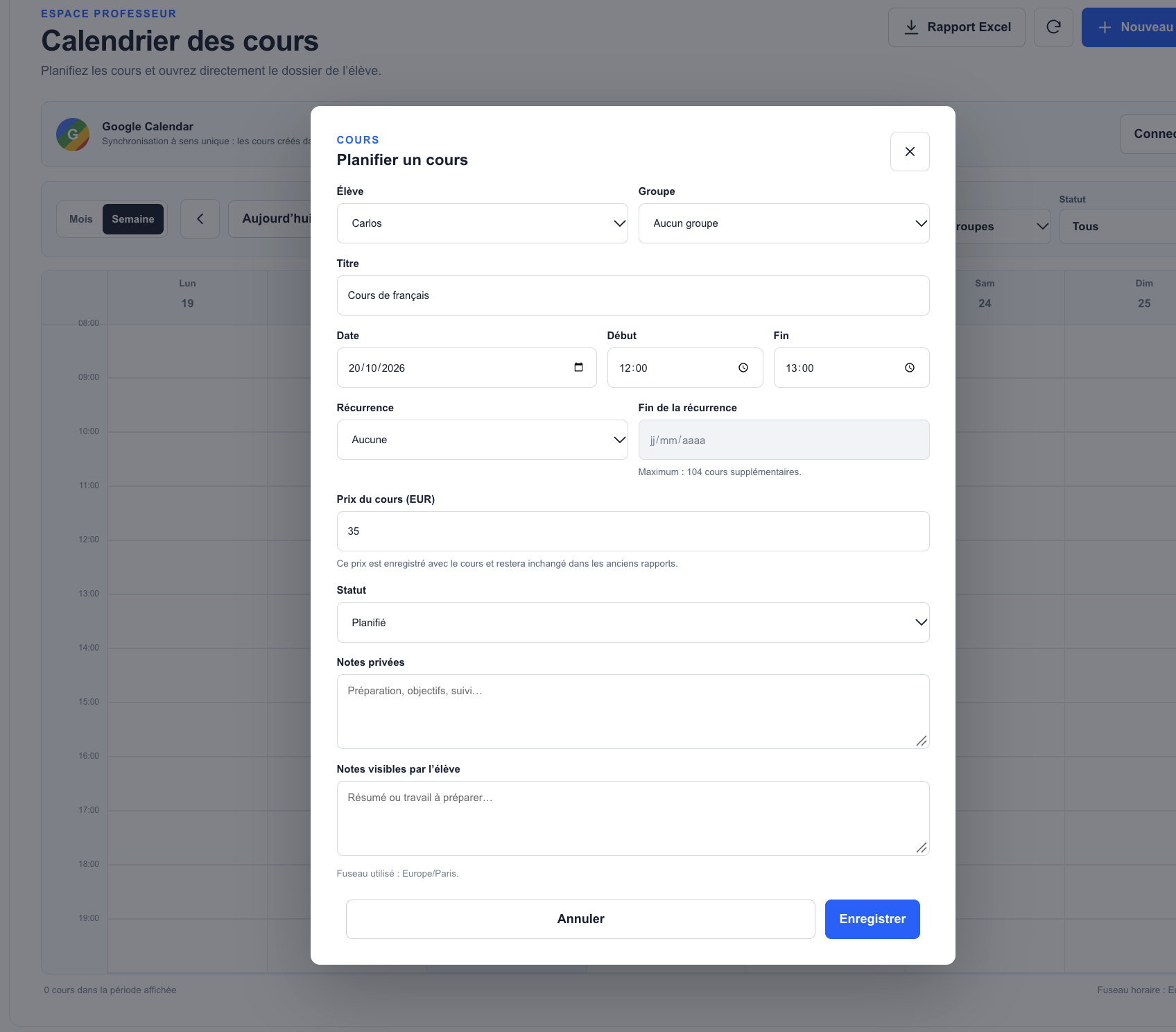 Formulaire de planification d’un cours avec date, horaire et prix